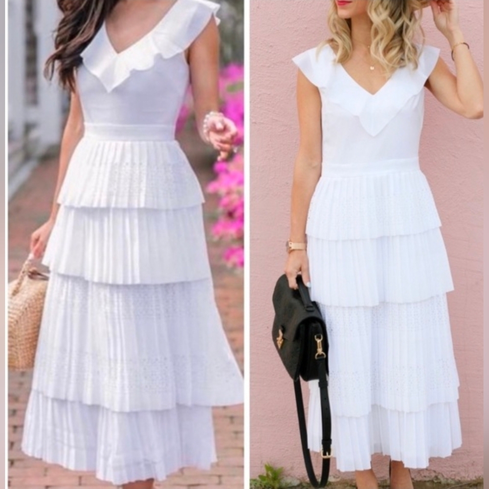 Banana Republic White Sleeveless Tiered Midi Dress - Size 12 - Picture 2 of 11